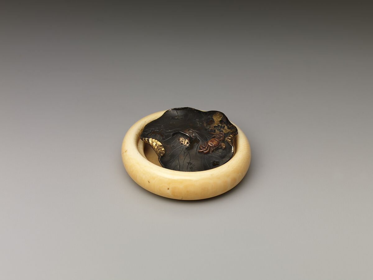 Crab on a Lotus Leaf, Ivory body, patinated copper disk with mixed-metal and gilded details, Japan