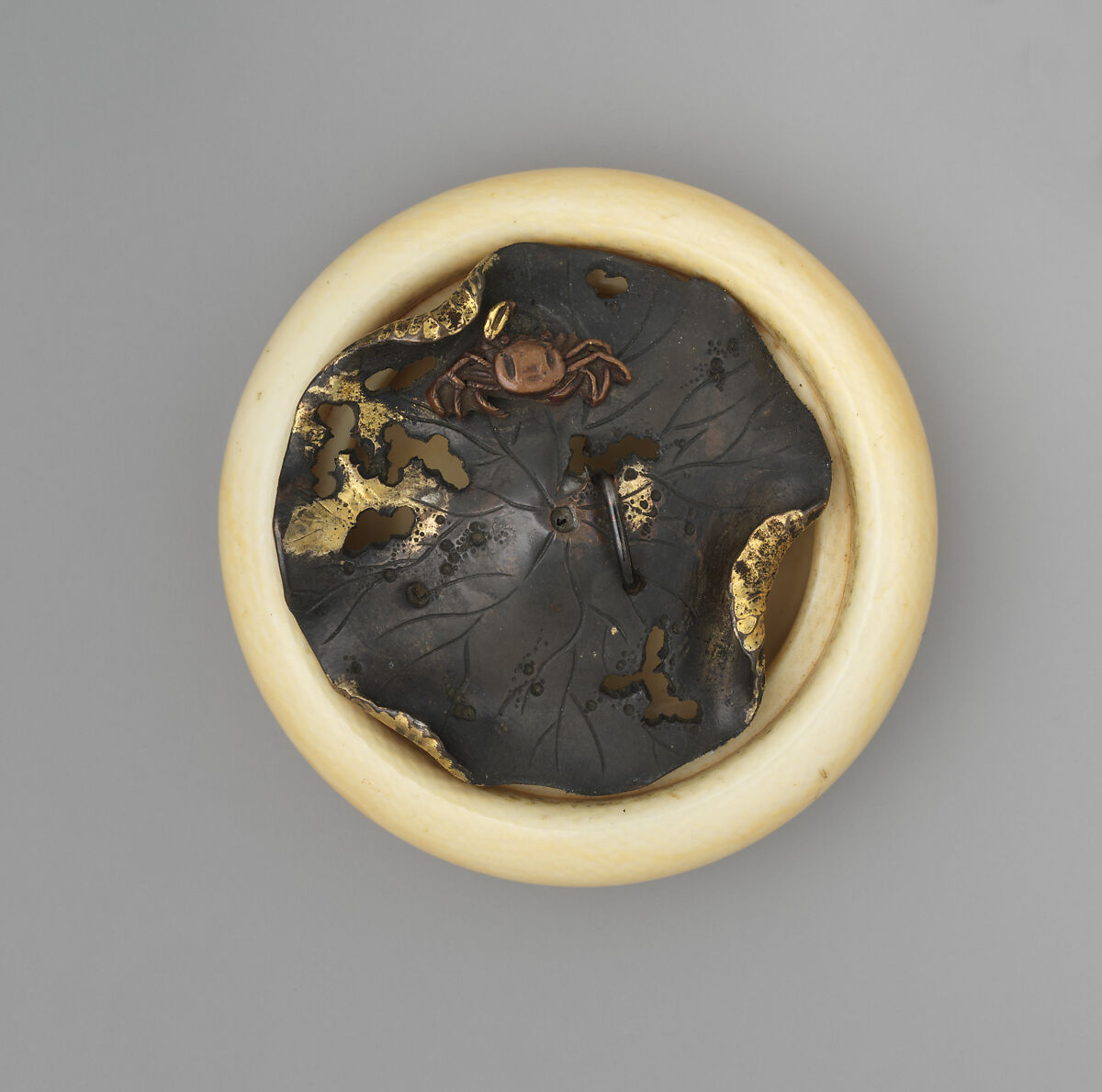 Crab on a Lotus Leaf, Ivory body, patinated copper disk with mixed-metal and gilded details, Japan 