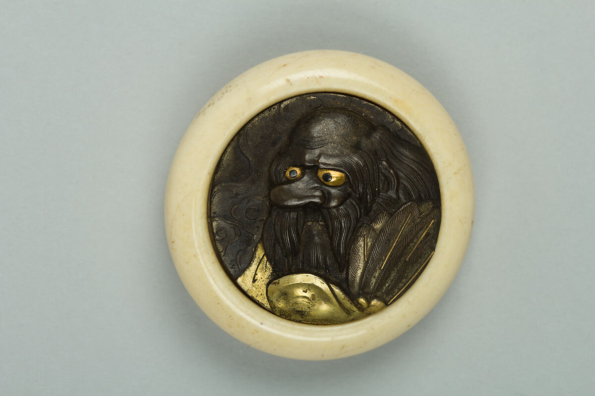 Netsuke of Sage with Big Nose, Ivory with metal disc, Japan 