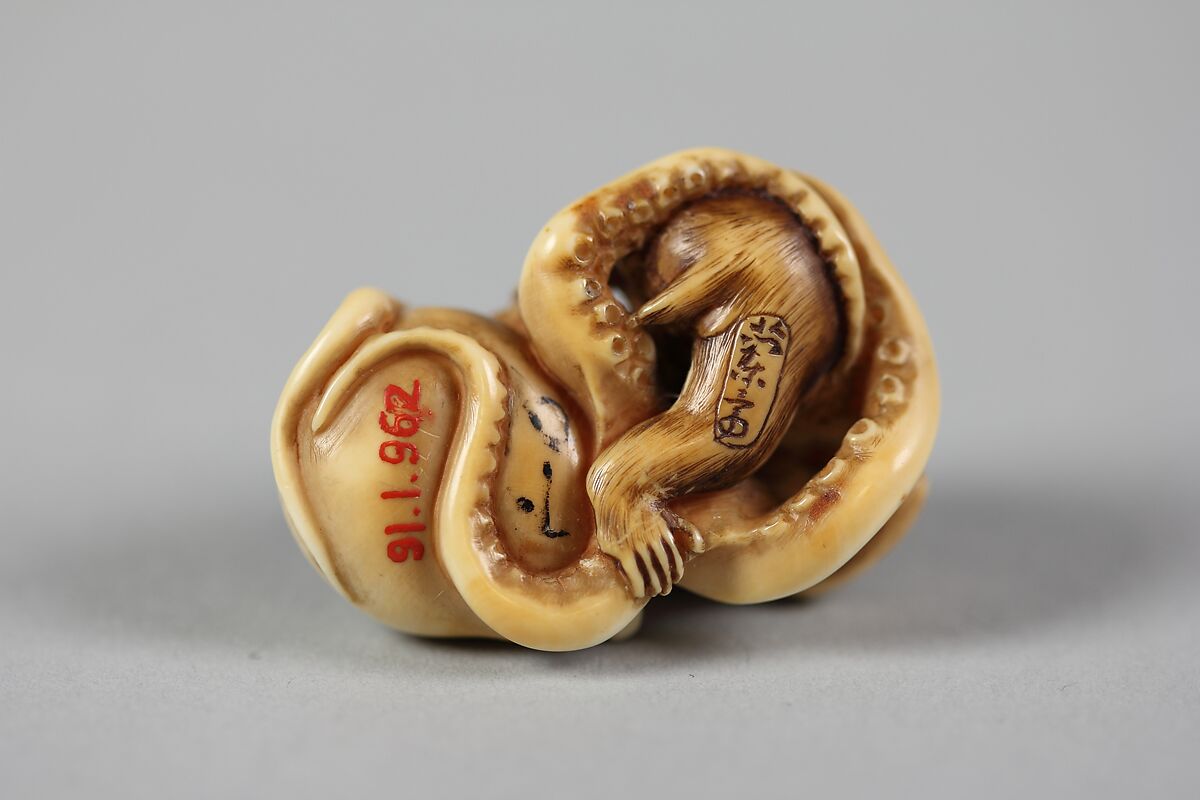 Netsuke of Octopus Fighting a Monkey, Ivory, Japan