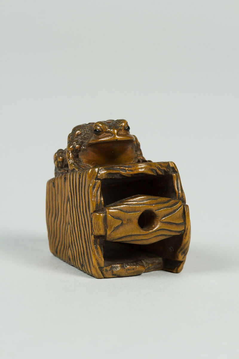 Netsuke of Frog on Old Well Bucket, Wood, Japan 