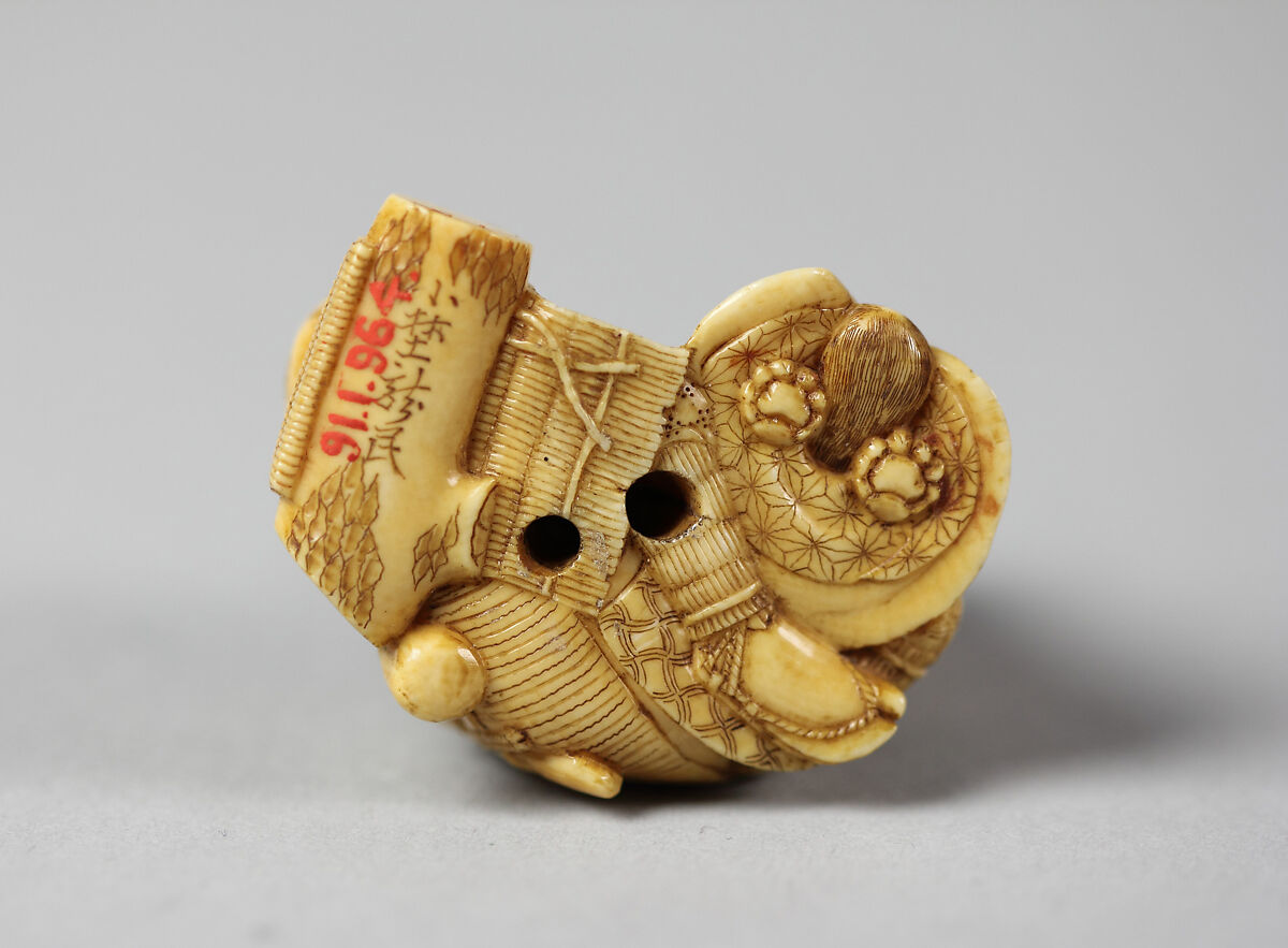Netsuke of Tokutaro and Fox, Disguised as Woman, Ivory, Japan