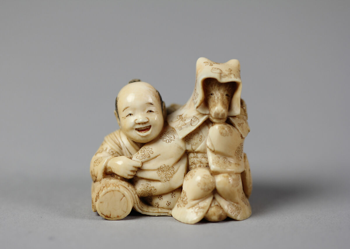 Netsuke of Tokutaro and Fox, Disguised as Woman, Ivory, Japan 