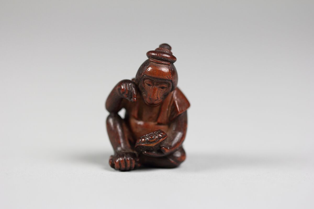 Netsuke of Monkey Examining Turtle, Wood, Japan 