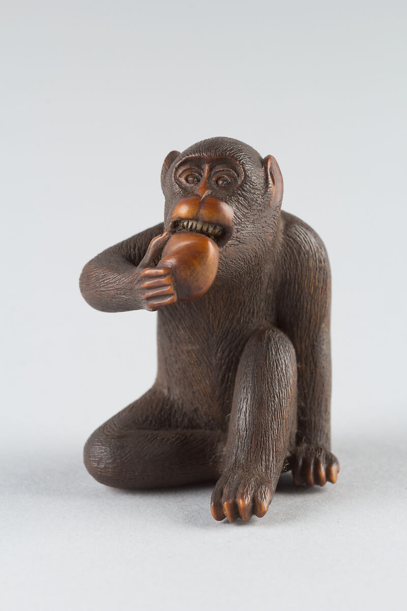 Netsuke of Monkey Eating a Peach, Wood, Japan 