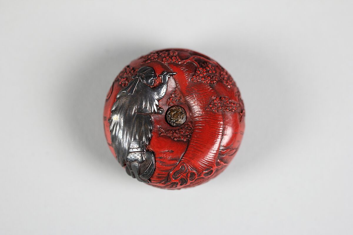 Netsuke, Red lacquer with silver ornament, Japan 