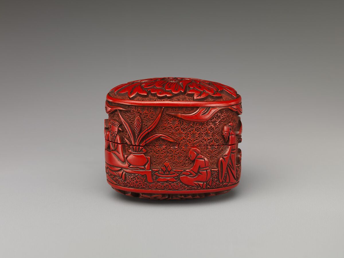 Box with figures in a landscape and peony, Red carved lacquer, Japan 