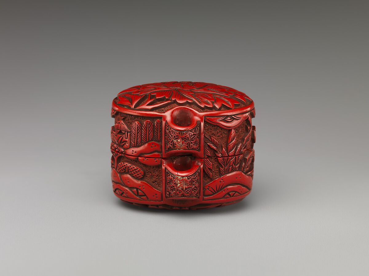 Box with figures in a landscape and peony, Red carved lacquer, Japan