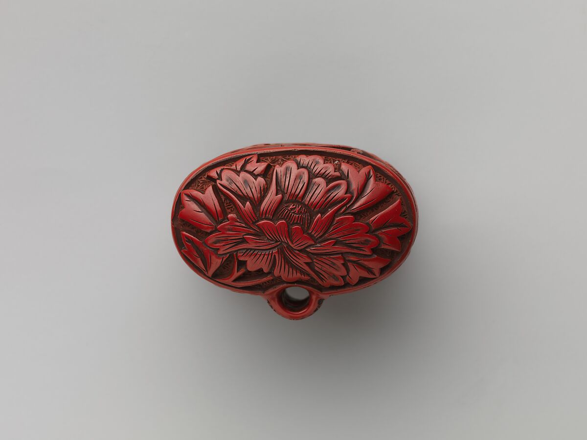 Box with figures in a landscape and peony, Red carved lacquer, Japan