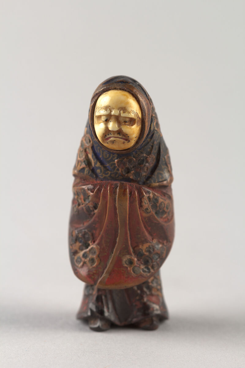 Netsuke of an Old Woman, Lacquered wood, ivory, Japan 