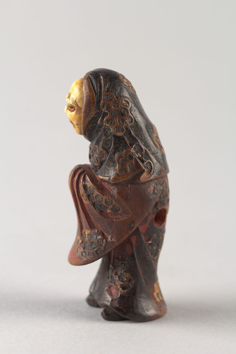 Netsuke of an Old Woman, Lacquered wood, ivory, Japan