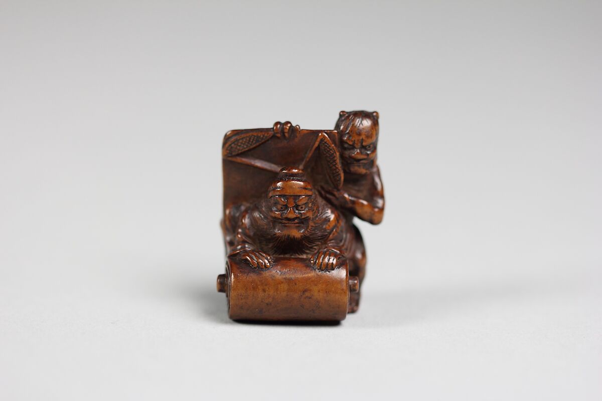Netsuke of Demon and an Old Man with a Scroll, Wood, Japan 
