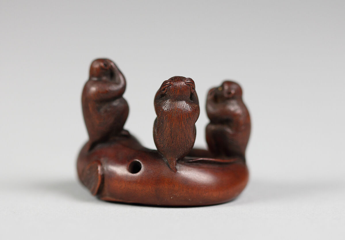 Netsuke of Three Monkeys on the Back of a Fish (Sanbiki Saru), Wood, Japan