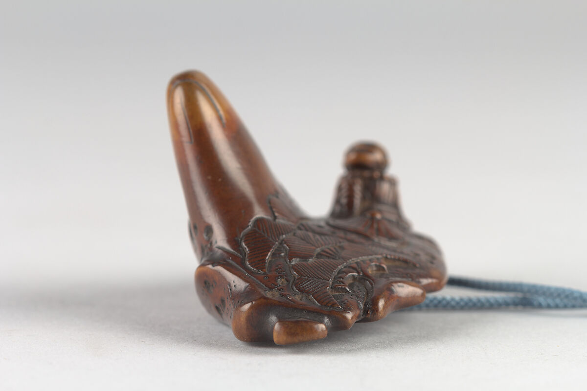 Netsuke in shape of Mount Fuji with Traveling Monk and Pine, Wood, Japan
