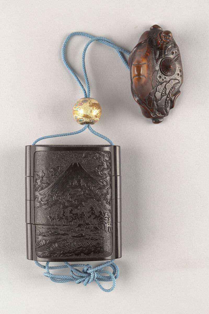 Netsuke in shape of Mount Fuji with Traveling Monk and Pine, Wood, Japan