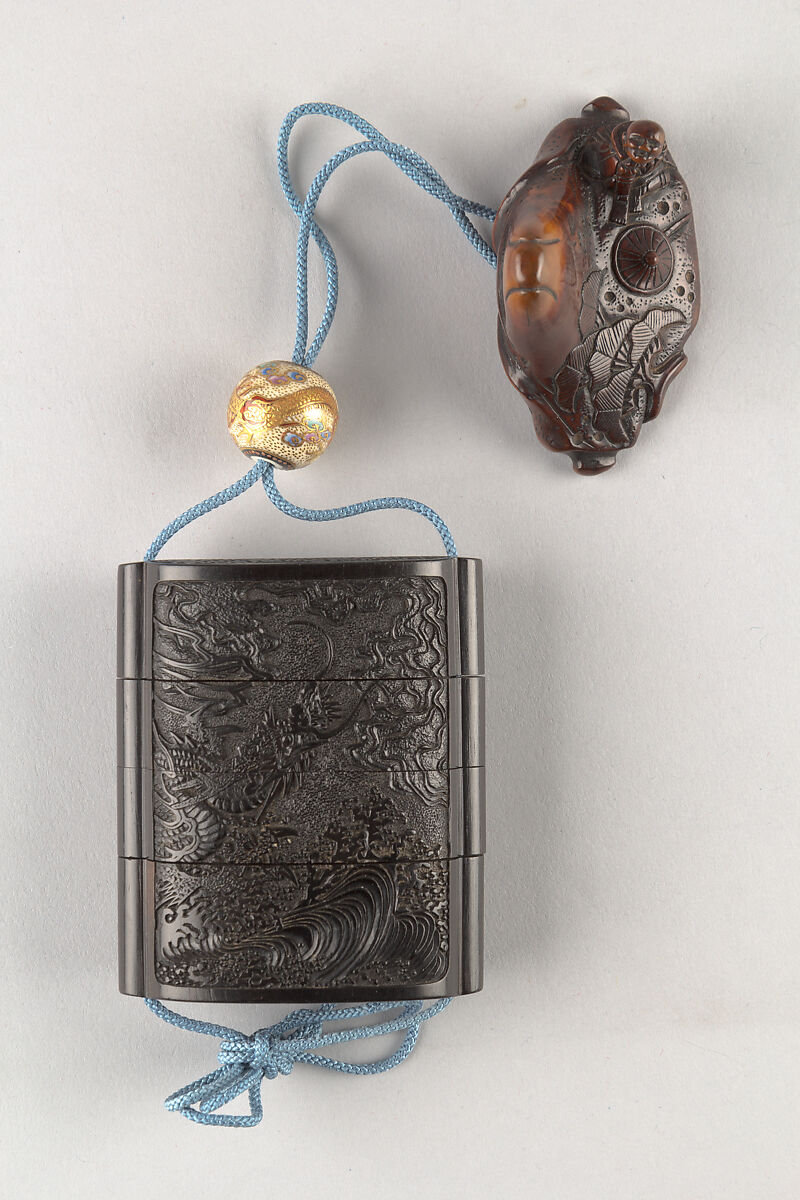 Netsuke in shape of Mount Fuji with Traveling Monk and Pine, Wood, Japan