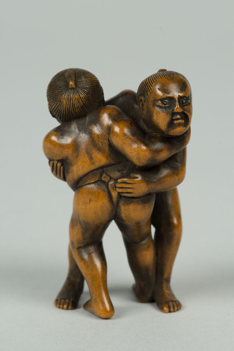 Netsuke of Two Men Wrestling, Wood, Japan 