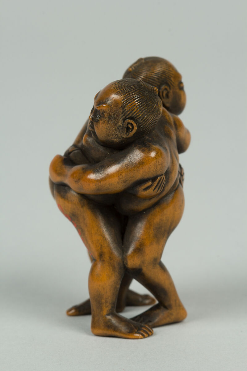 Netsuke of Two Men Wrestling, Wood, Japan