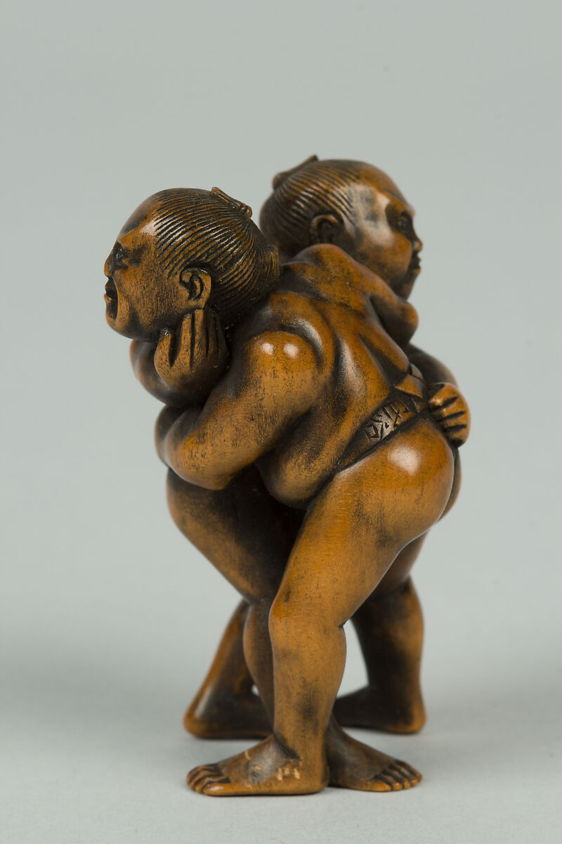 Netsuke of Two Men Wrestling, Wood, Japan
