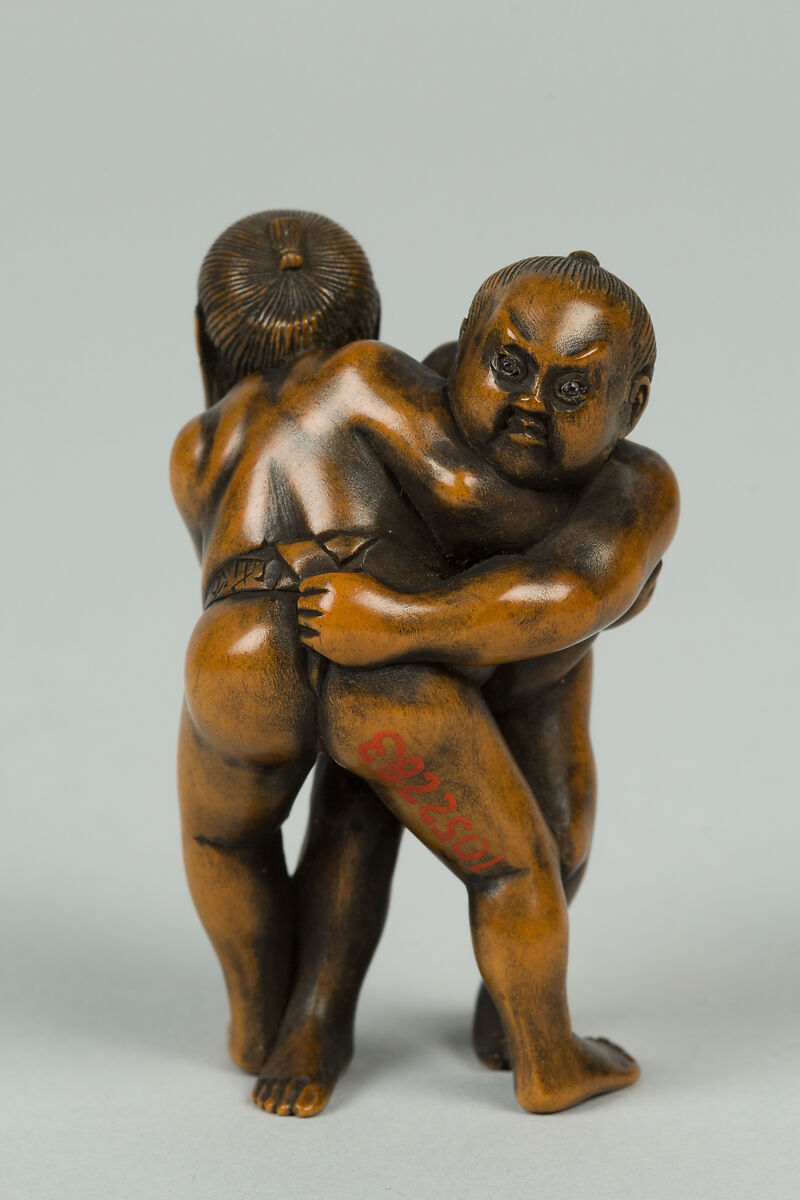 Netsuke of Two Men Wrestling, Wood, Japan