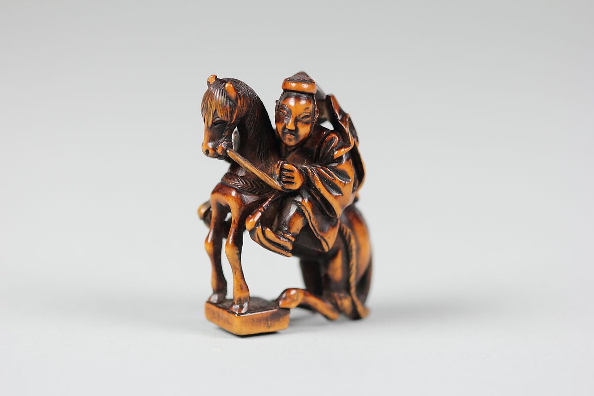 Netsuke of Equestrian Figure on a Go Board, Wood, Japan 