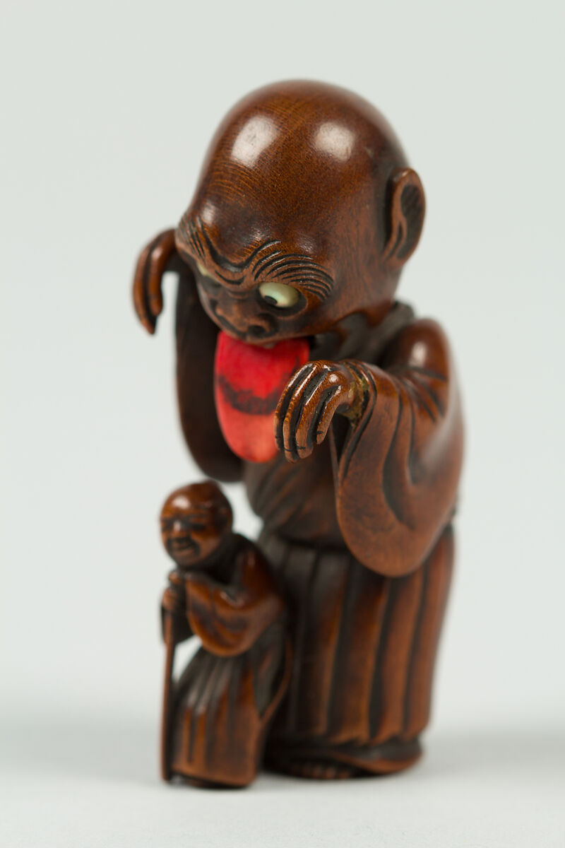 Netsuke of Bakemono and Blind Man, Wood; Inlaid eyes and movable head, Japan