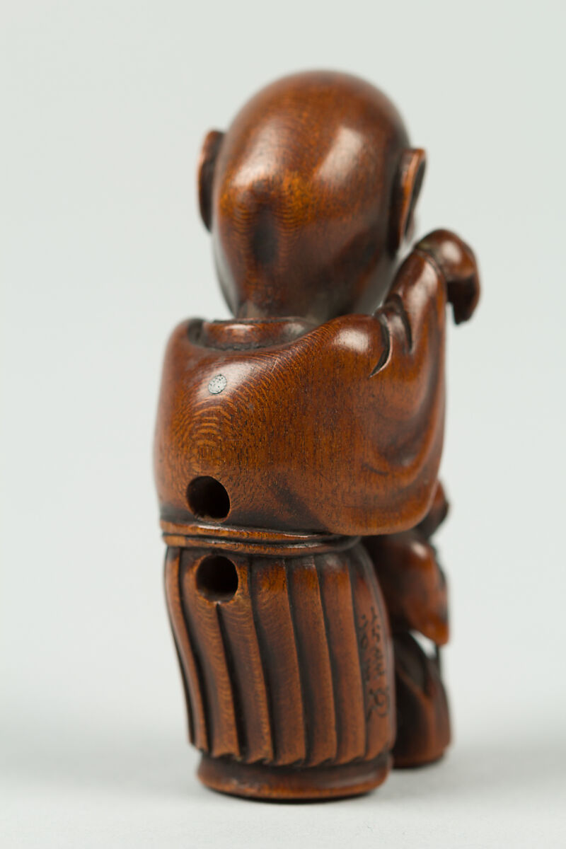 Netsuke of Bakemono and Blind Man, Wood; Inlaid eyes and movable head, Japan