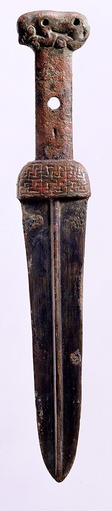 Short Sword and Sheath with Crouching Feline, Bronze, Northeast China