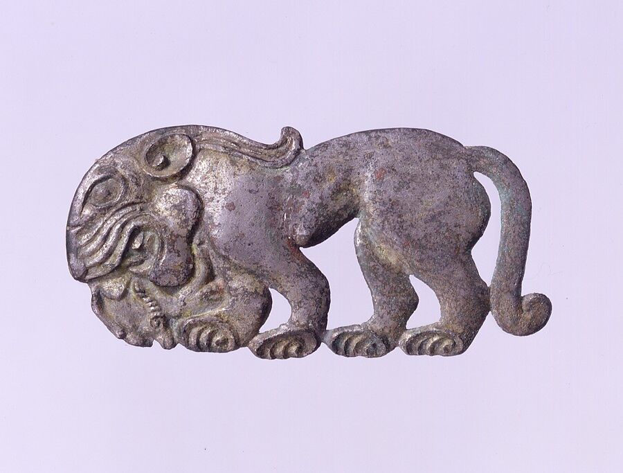 Belt Plaque in the Shape of a Standing Feline, Tinned bronze, Northwest China and southwestern Inner Mongolia 