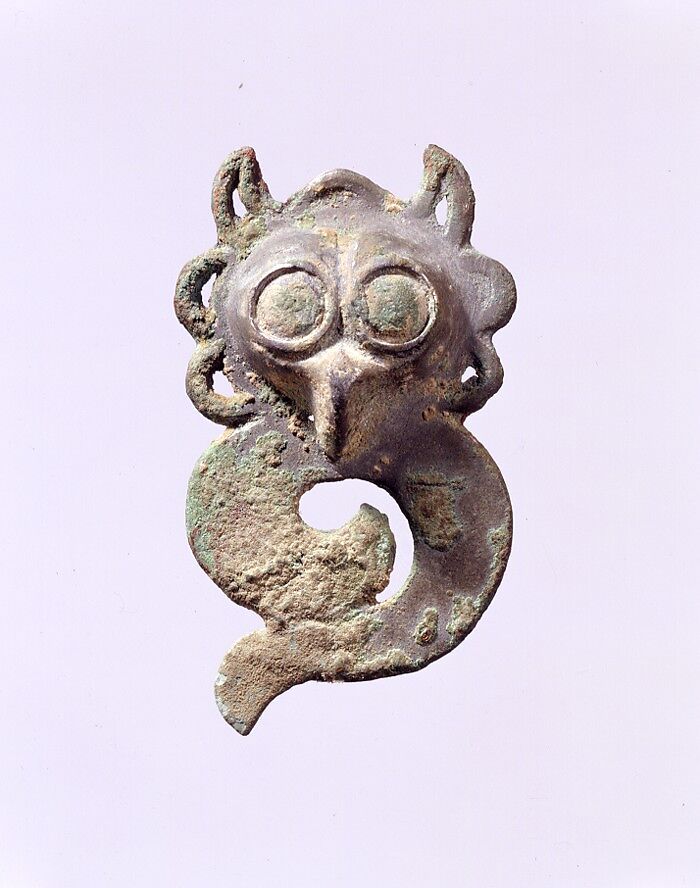 Harness Ornament with Owl's Head, Tinned bronze, Northwest China 