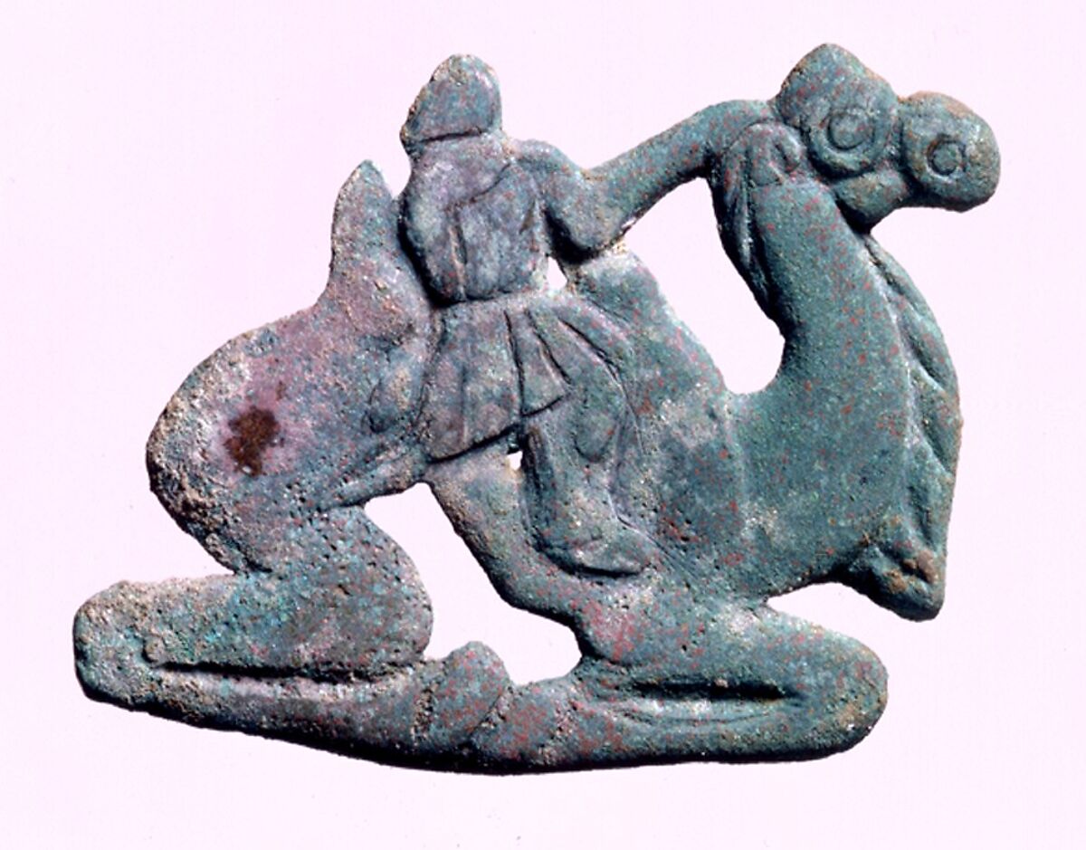 Belt Plaque in the Shape of a Bactrian Camel with Rider, Bronze, Northwest China 