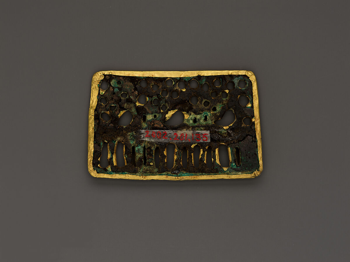 Garment Plaque with Three Stags, Bronze wrapped with gold sheet, Northeast China