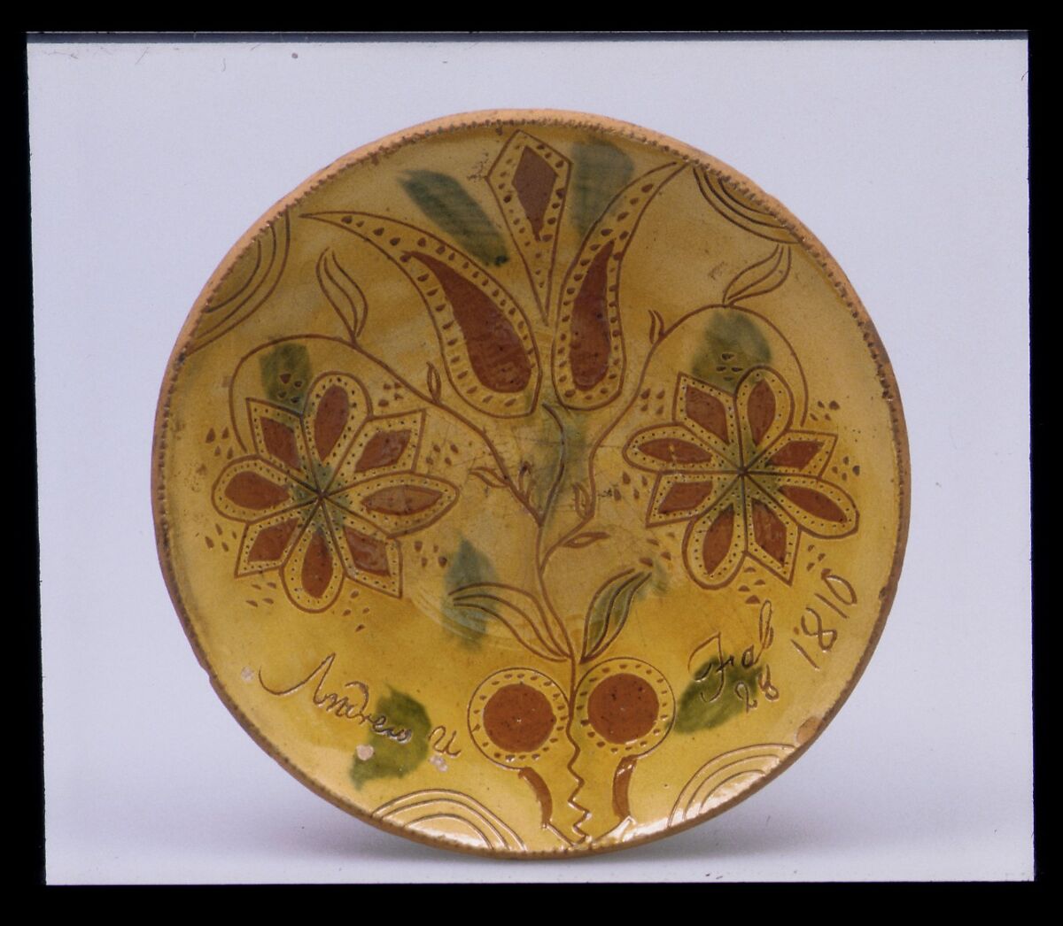 Plate, Attributed to Andrew Uhler (active ca. 1801–10), Earthenware; Redware with sgraffito decoration, American