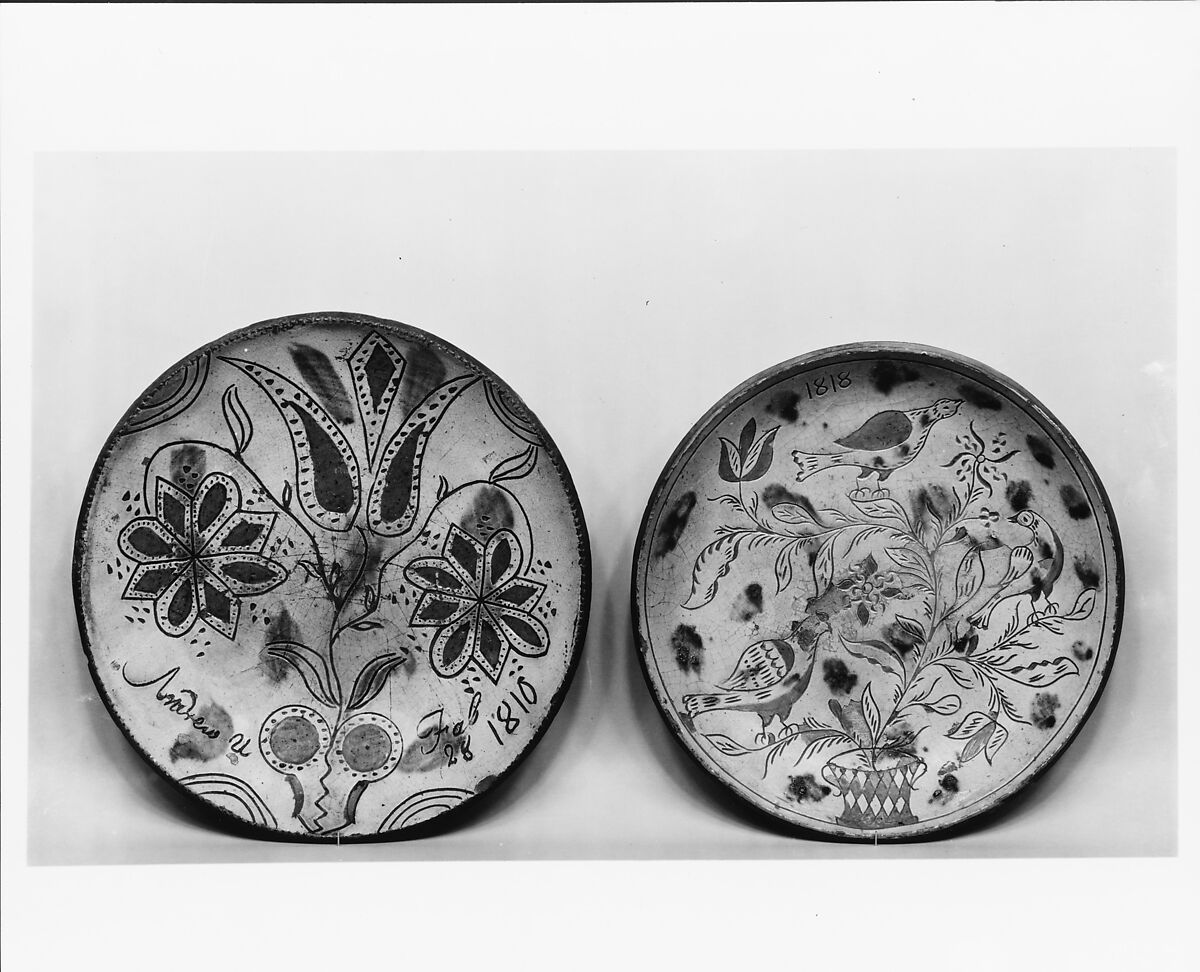 Plate, Attributed to Andrew Uhler (active ca. 1801–10), Earthenware; Redware with sgraffito decoration, American