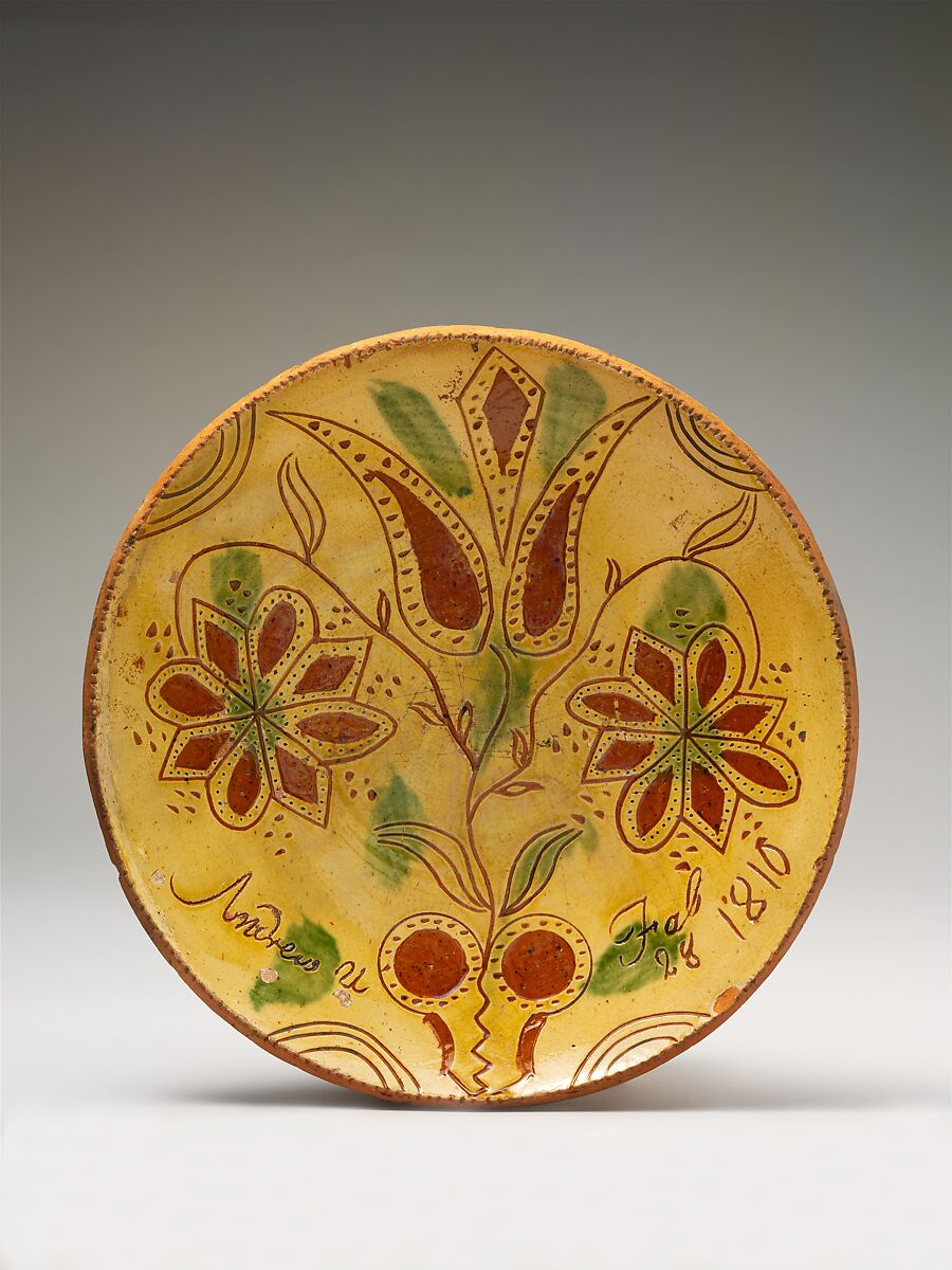 Plate, Attributed to Andrew Uhler (active ca. 1801–10), Earthenware; Redware with sgraffito decoration, American 