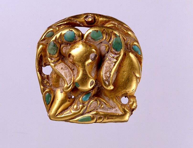 Shoe Buckle in the Shape of a Recumbent Ram, Gold inlaid with turquoise, Bactria 
