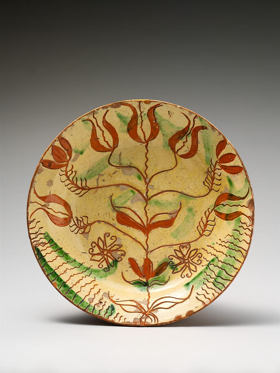 Plate, Earthenware; Redware with sgraffito decoration, American 