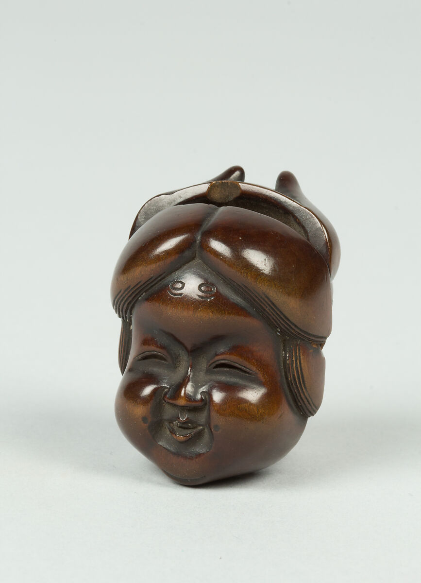 Netsuke of Mask; Fat-Faced Girl and Demon, Ivory, Japan 