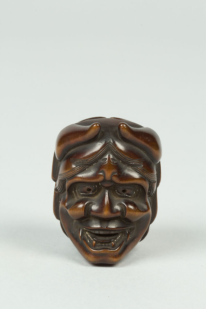 Netsuke of Mask; Fat-Faced Girl and Demon, Ivory, Japan