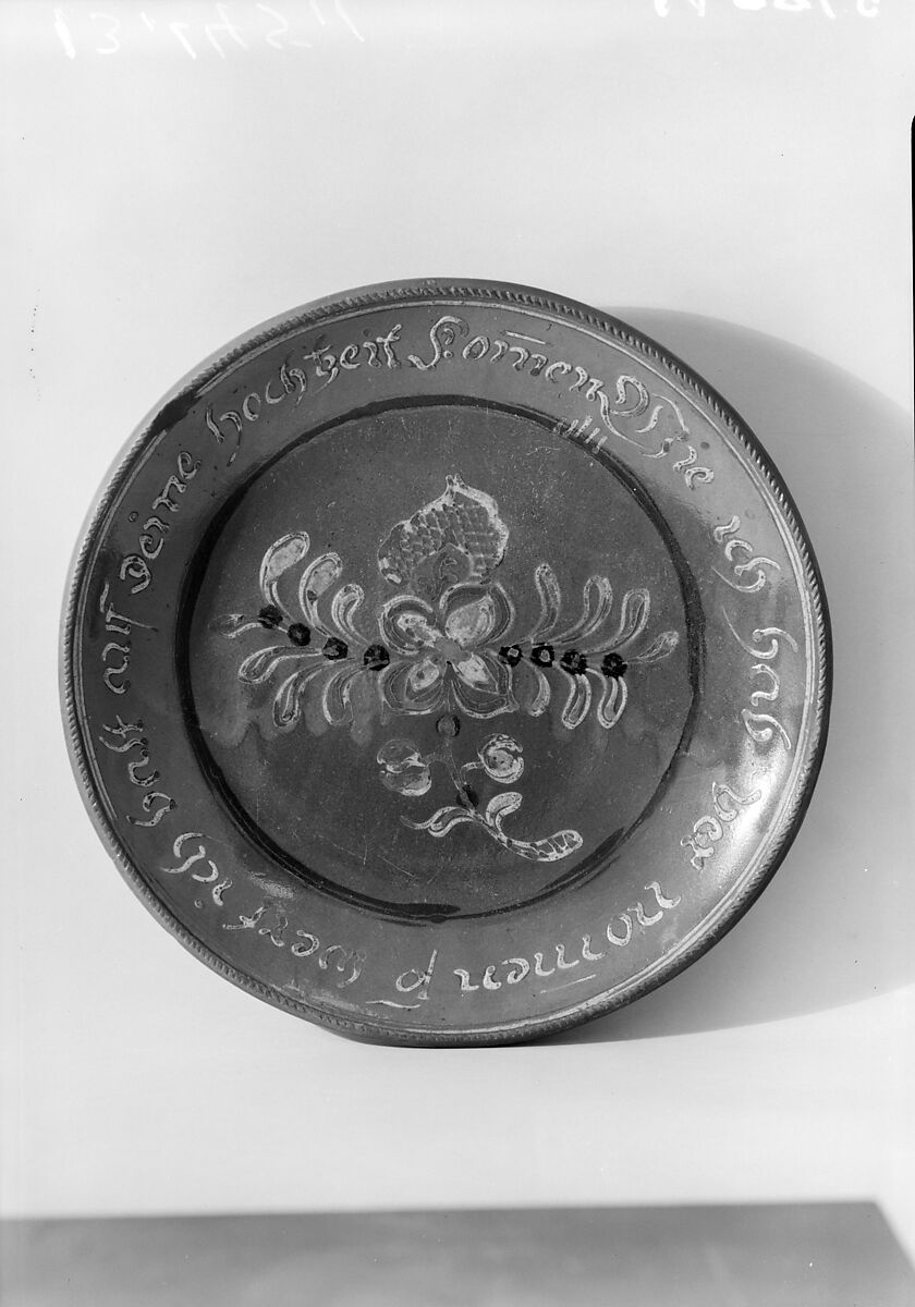 Plate, Possibly David Spinner (1758–1811), Earthenware; Redware with slip decoration, American