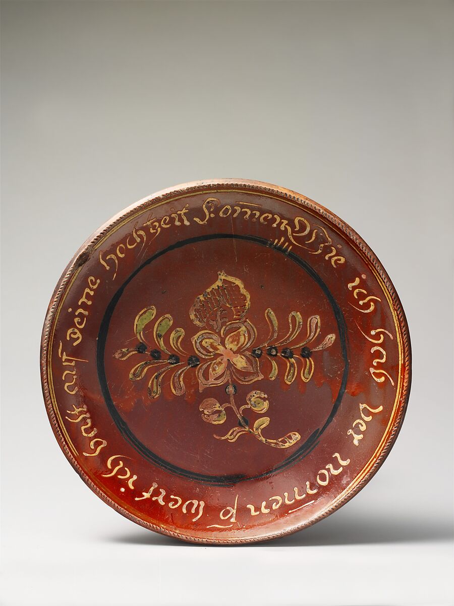Plate, Possibly David Spinner (1758–1811), Earthenware; Redware with slip decoration, American 