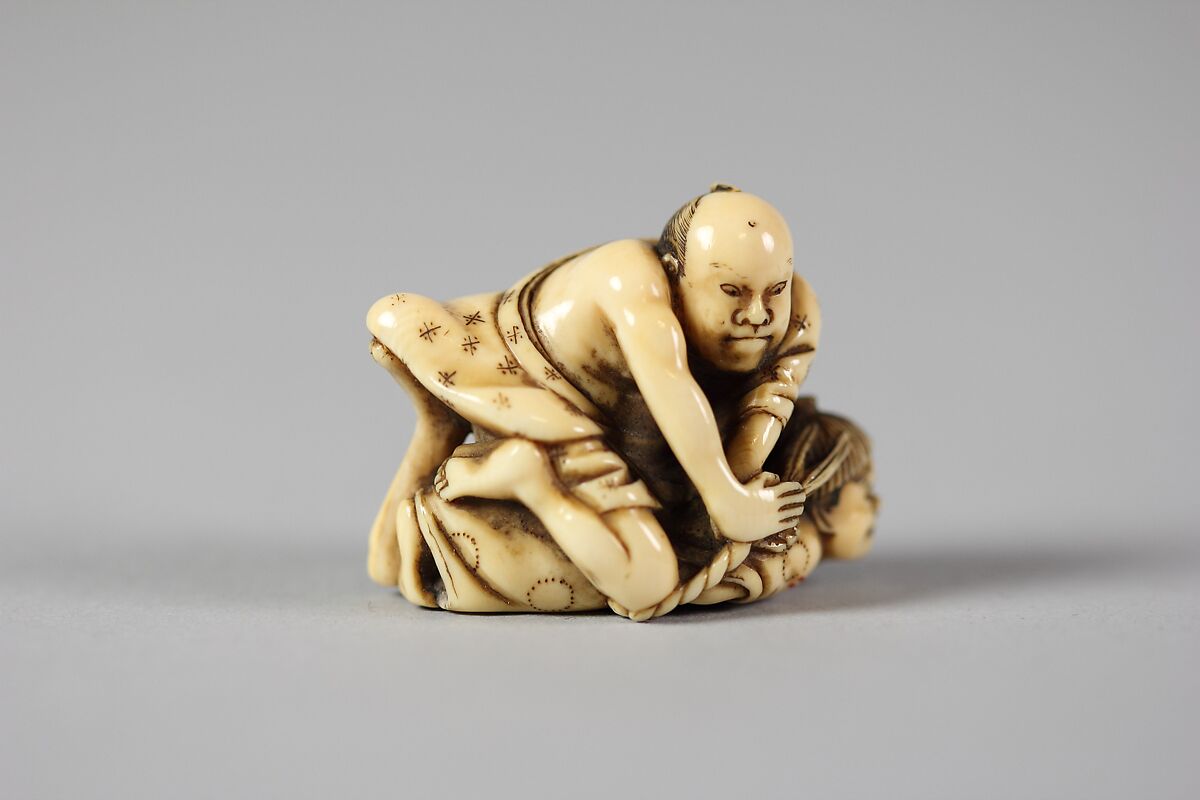 Netsuke of Two Wrestlers, Ivory, Japan 