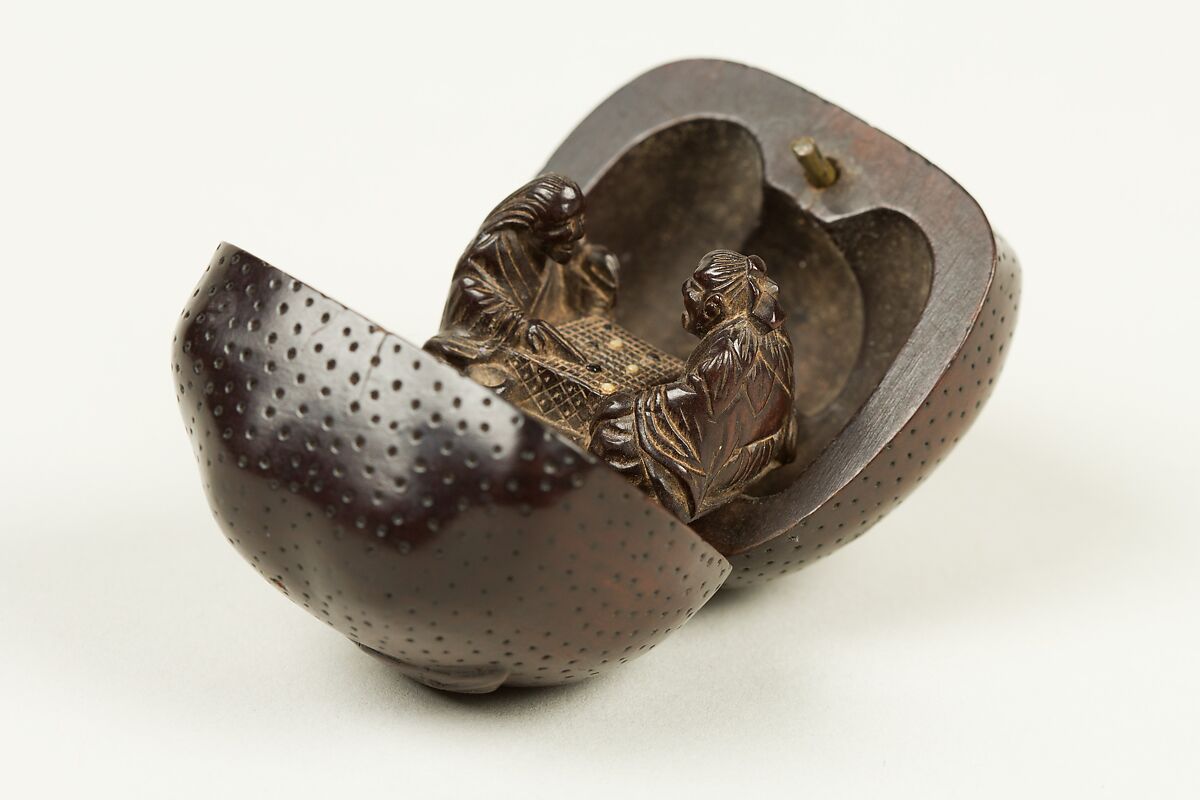 Netsuke in Shape of a Biwa Fruit containing Court Figures Playing Game of Go, Wood, Japan