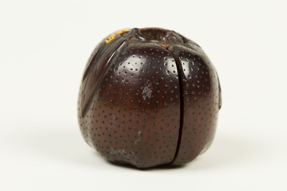 Netsuke in Shape of a Biwa Fruit containing Court Figures Playing Game of Go, Wood, Japan