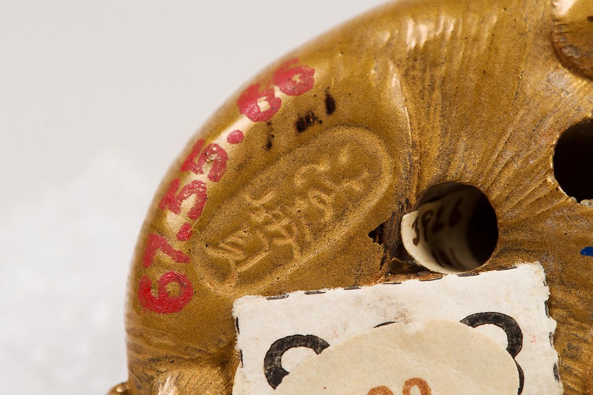 Netsuke of Seated Puppy with Short Curled Tail, Norizane (Japanese), Wood, gold lacquer mottled with black; black lacquer eyes, Japan