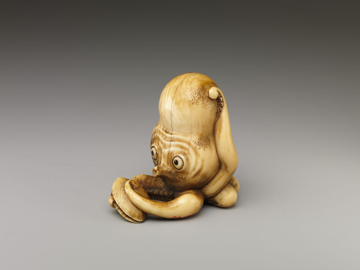 Netsuke of Octopus Holding Clam, Ivory, Japan 