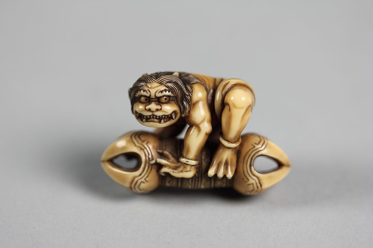 Netsuke of Ōni on Vadra, Crouching, Ivory, Japan 