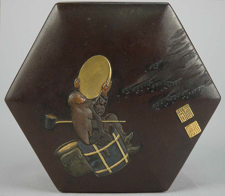 Box and Cover, Bronze inlaid with gold, Japan