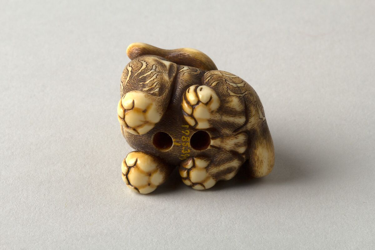Netsuke of Seated Tiger with a Curled-up Tail Across its Back, Ivory, horn, Japan