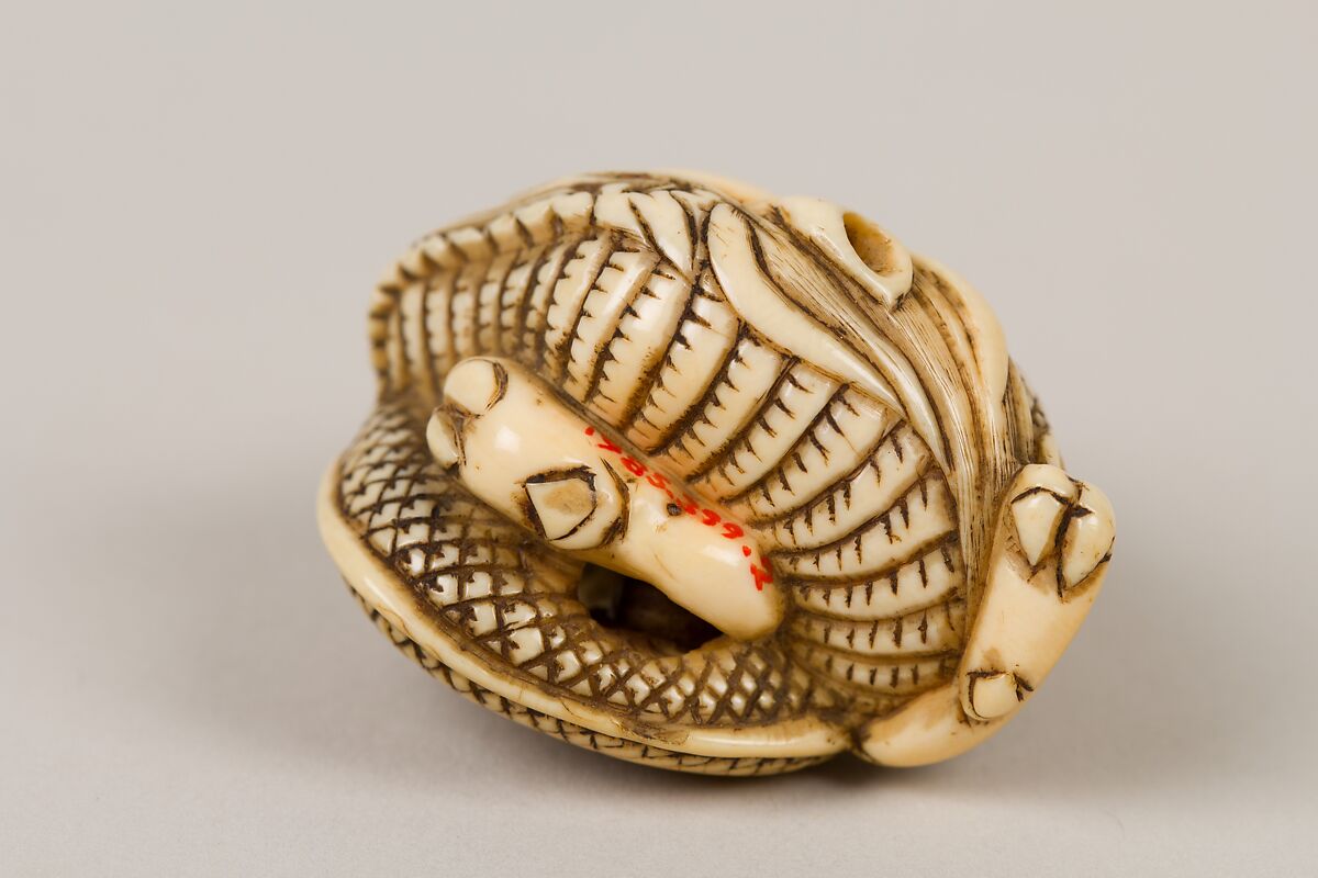 Netsuke of Coiled Dragon Enclosing a Pearl, Ivory, Japan